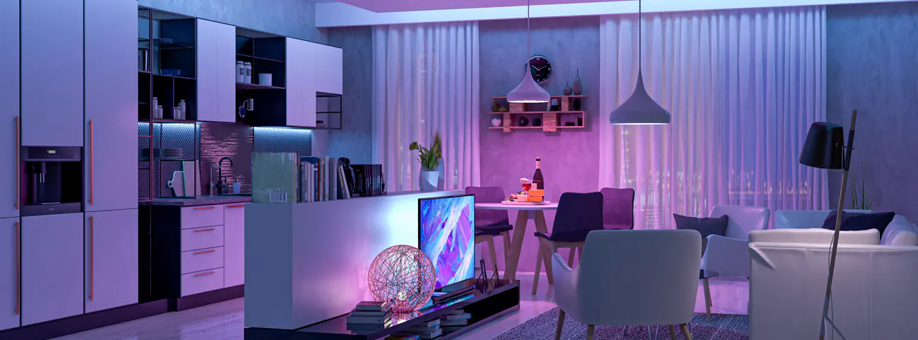 Smarte LED Leuchtmittel bei bigE Das Bild zeigt ein mit smarten LED Leuchtmitteln beleuchtetes Wohnzimmer