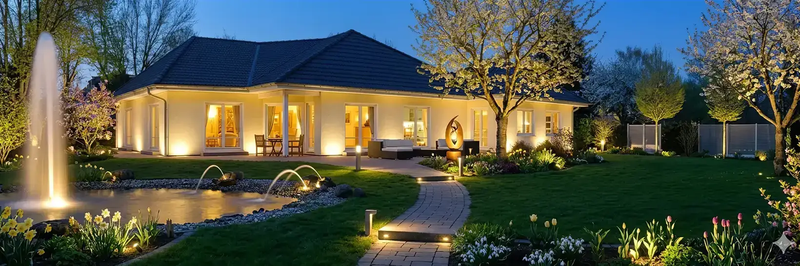 Beleuchtetes modernes Einfamilienhaus mit Garten und Teich bei Dämmerung