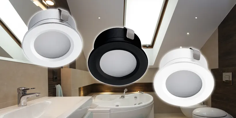 Kanlux IMBER LED Einbaustrahler in verschiedenen Farben vor einem modernen Badezimmer-Hintergrund