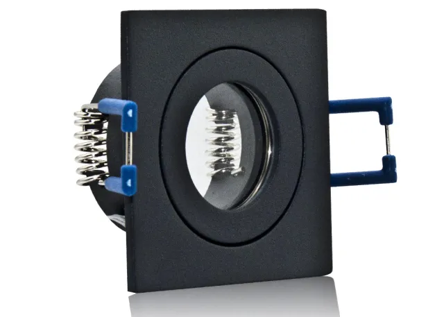 9er Feuchtraum LED Einbaustrahler Set IP44 MR11 35mm Druckguß schwarz eckig mit Marken Flat LED Spot LC Light 3 Watt 230V Dimm