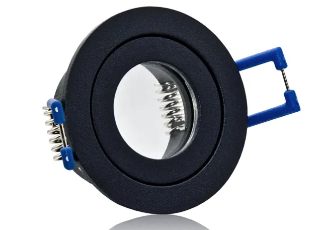 Feuchtraum LED Einbaustrahler Set IP44 MR11 35mm Druckguß schwarz matt mit Marken Flat LED Spot LC Light 3 Watt 230V Dimmbar