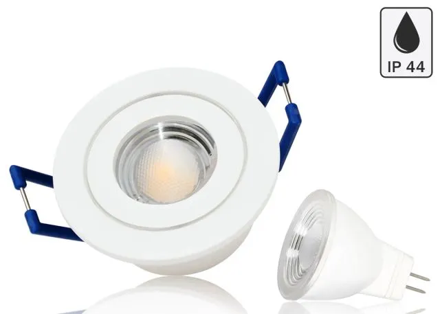 Feuchtraum LED Einbaustrahler Set IP44 MR11 35mm Druckguß weiss matt rund mit Marken LED Spot Bioledex Helso 4 Watt 12V