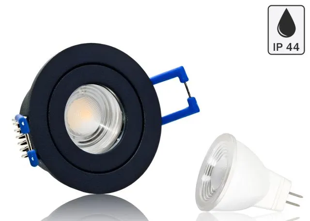 Feuchtraum LED Einbaustrahler Set IP44 MR11 35mm Druckguß schwarz matt mit...
