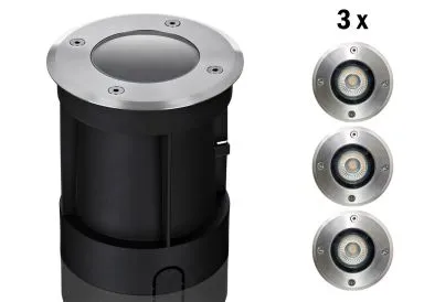 3er Boden LED Einbaustrahler Set IP67 rund mit Premium GU10 LED Spot Kanlux IQ-LED 5 Watt