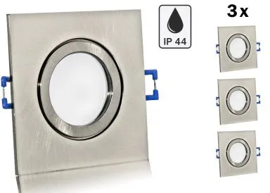 3er Feuchtraum LED Einbaustrahler Set IP44 Aluminium eisengebürstet eckig mit Marken GU10 LED Spot LC Light 5 Watt Milchglas
