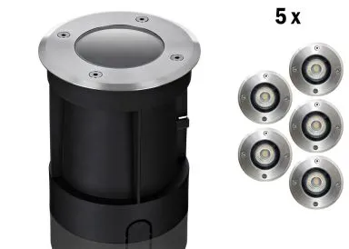 5er Boden LED Einbaustrahler Set IP67 rund mit Marken GU10 LED Spot LC Light 5 Watt