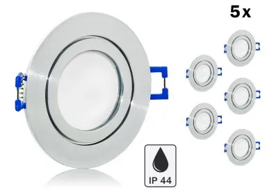 5er Feuchtraum LED Einbaustrahler Set IP44 Feinschliff matt rund mit Marken GU10 LED Spot LC Light 5 Watt Milchglas