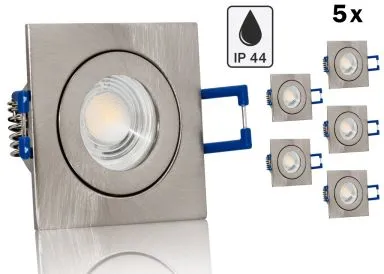 5er Feuchtraum LED Einbaustrahler Set IP44 MR11 35mm Druckguss gebürstet eckig mit Marken LED Spot Bioledex Helso 4 Watt 12V