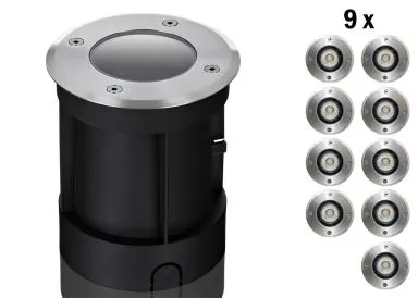 9er Boden LED Einbaustrahler Set IP67 rund mit Marken GU10 LED Spot LC Light 5 Watt