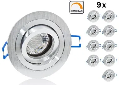 9er LED Einbaustrahler Set extra flach mit Marken Flat LED Spot LcLight 5 Watt Aluminium BiColor Rund Dimmbar 40 Watt Ersatz