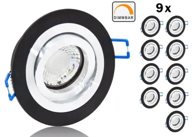9er LED Einbaustrahler Set extra flach mit Marken Flat LED Spot LcLight 5 Watt Aluminium Alu schwarz rund Dimmbar 40 Watt Ersatz