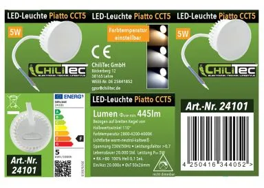 Flat LED Modul ChiliTec Piatto CCT 5, 5W, 3000K/4000K/6500K, 50x26mm, 110 Grad Milchglas