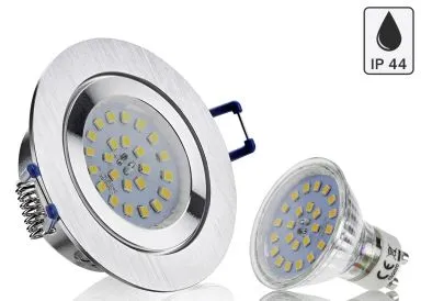 Feuchtraum LED Einbaustrahler Set IP44 Aluminium BiColor rund mit Marken GU10 LED Spot Chilitec 5 Watt Klarglas