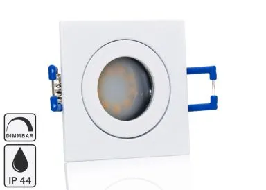 Feuchtraum LED Einbaustrahler Set IP44 MR11 35mm Druckguß weiß eckig mit Marken Flat LED Spot LC Light 3 Watt 230V Dimmbar
