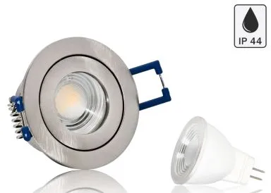 Feuchtraum LED Einbaustrahler Set IP44 MR11 35mm Druckguß gebürstet rund mit Marken LED Spot Bioledex Helso 4 Watt 12V