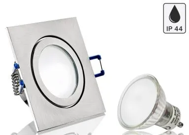 Feuchtraum LED Einbaustrahler Set IP44 Aluminium eisengebürstet eckig mit Marken GU10 LED Spot LC Light 5 Watt Milchglas