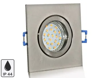 Feuchtraum LED Einbaustrahler Set IP44 Aluminium eisengebürstet eckig mit Marken GU10 LED Spot Chilitec 5 Watt Klarglas