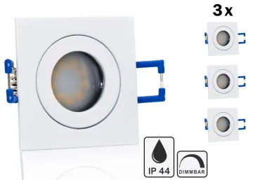 3er Feuchtraum LED Einbaustrahler Set IP44 MR11 35mm Druckguß weiß eckig mit Marken Flat LED Spot LC Light 3 Watt 230V Dimmbar