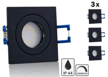 3er Feuchtraum LED Einbaustrahler Set IP44 MR11 35mm Druckguß schwarz eckig mit Marken Flat LED Spot LC Light 3 Watt 230V Dimm