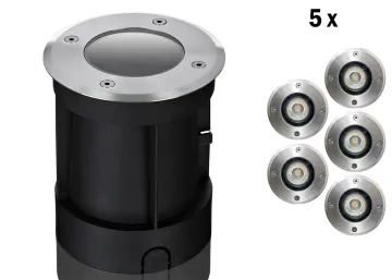 5er Boden LED Einbaustrahler Set IP67 rund mit Marken GU10 LED Spot LC Light...