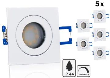 5er Feuchtraum LED Einbaustrahler Set IP44 MR11 35mm Druckguß weiß eckig mit Marken Flat LED Spot LC Light 3 Watt 230V Dimmbar