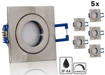 5er Feuchtraum LED Einbaustrahler Set IP44 MR11 35mm Druckguß gebürstet eckig...