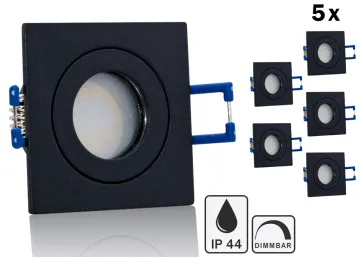 5er Feuchtraum LED Einbaustrahler Set IP44 MR11 35mm Druckguß schwarz eckig mit Marken Flat LED Spot LC Light 3 Watt 230V Dimm