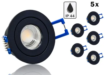 5er Feuchtraum LED Einbaustrahler Set IP44 MR11 35mm Druckguß schwarz matt...