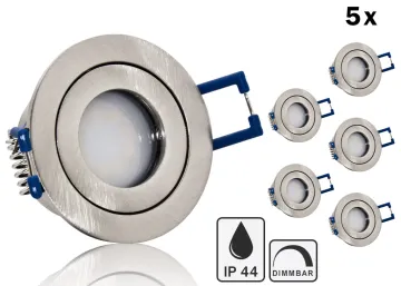 5er Feuchtraum LED Einbaustrahler Set IP44 MR11 35mm Druckguß gebürstet rund...