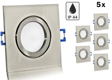 5er Feuchtraum LED Einbaustrahler Set IP44 Aluminium eisengebürstet eckig mit Marken GU10 LED Spot LC Light 5 Watt Milchglas