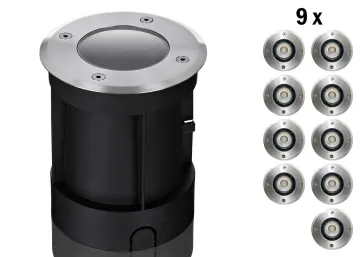 9er Boden LED Einbaustrahler Set IP67 rund mit Marken GU10 LED Spot LC Light 5 Watt