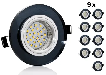 9er LED Einbaustrahler Set mit Marken GU10 LED Spot ChiliTec 5 Watt Klarglas schwarzes Kristallglas rund 30 Watt Ersatz
