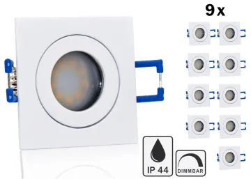 9er Feuchtraum LED Einbaustrahler Set IP44 MR11 35mm Druckguß weiß eckig mit Marken Flat LED Spot LC Light 3 Watt 230V Dimmbar
