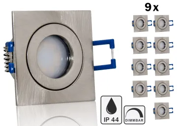 9er Feuchtraum LED Einbaustrahler Set IP44 MR11 35mm Druckguß gebürstet eckig...