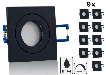 9er Feuchtraum LED Einbaustrahler Set IP44 MR11 35mm Druckguß schwarz eckig...