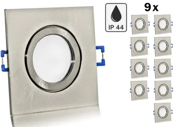 9er Feuchtraum LED Einbaustrahler Set IP44 Aluminium eisengebürstet eckig mit Marken GU10 LED Spot LC Light 5 Watt Milchglas