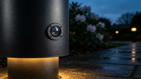 Nahaufnahme einer modernen Pollerlampe mit integriertem Bewegungssensor - Symbolbild KI-generiert