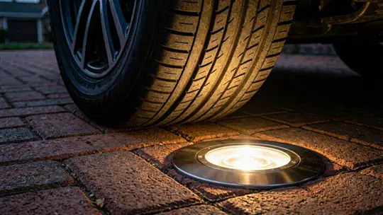 Ein Auto fährt über einen robusten Edelstahl Bodeneinbaustrahler in einer Pflastereinfahrt