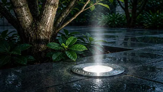 In den Boden eingelassener LED Strahler strahlt einen Baum an