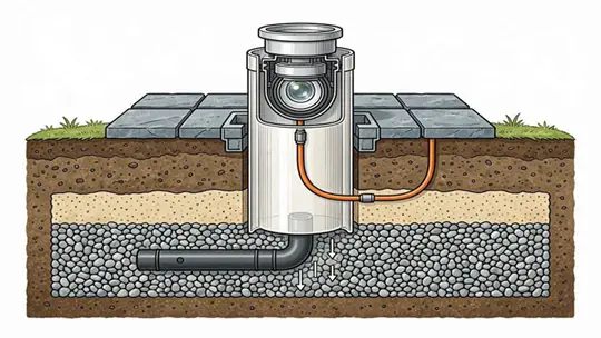 Technische Querschnittszeichnung einer korrekten Kies Drainage unter einem Bodeneinbautopf