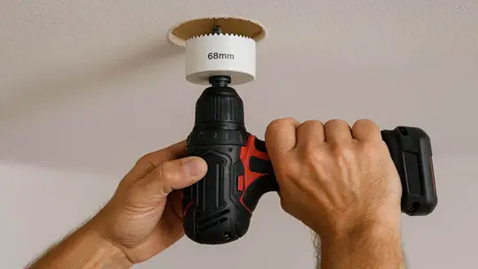 Bohren einer Decke mit einer 68mm Lochsäge für Einbauspots