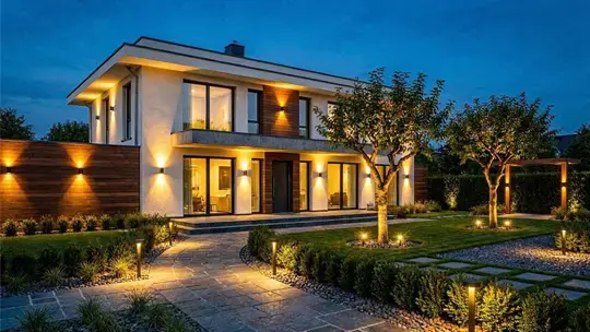 Moderne Außenbeleuchtung an einem Haus und im Garten bei Nacht