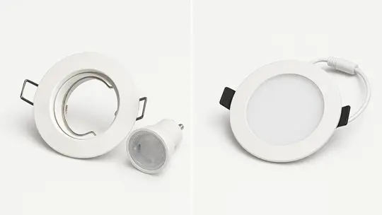 Vergleich zwischen einem Einbaurahmen mit GU10 Leuchtmittel und einem LED Strahler mit fest verbauter LED